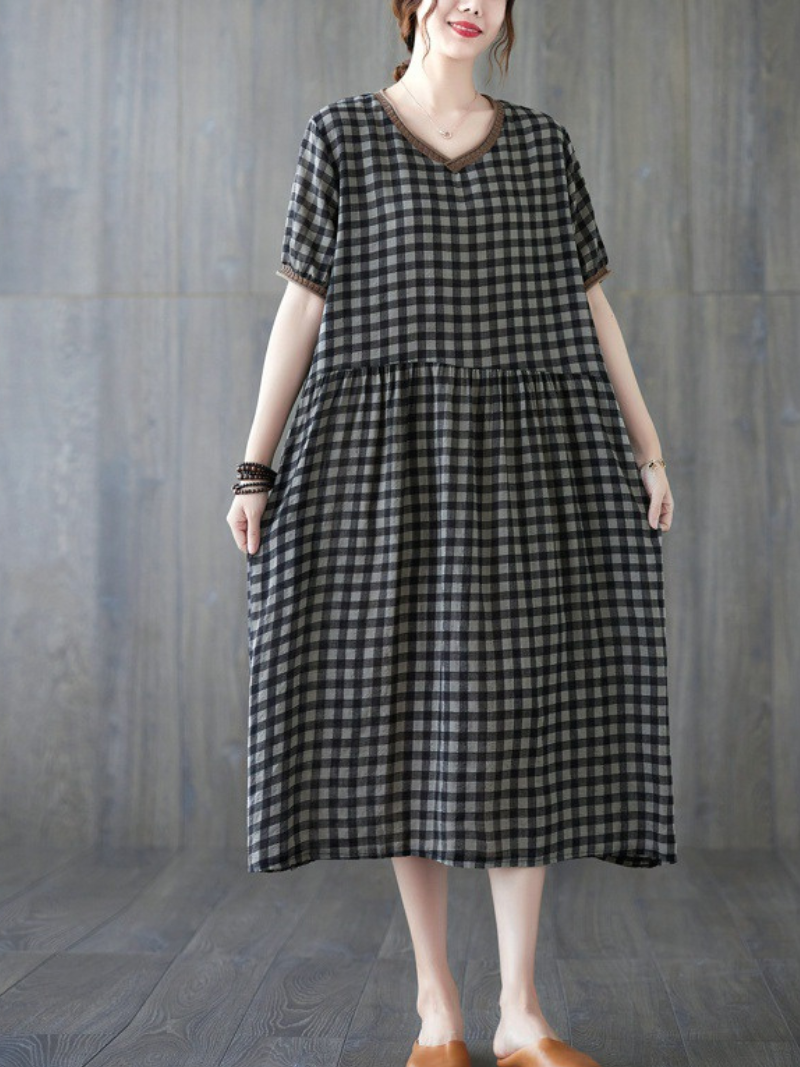 Black V-Neck Gingham Check Short Sleeve Smock Loose A-Line Midi Dress