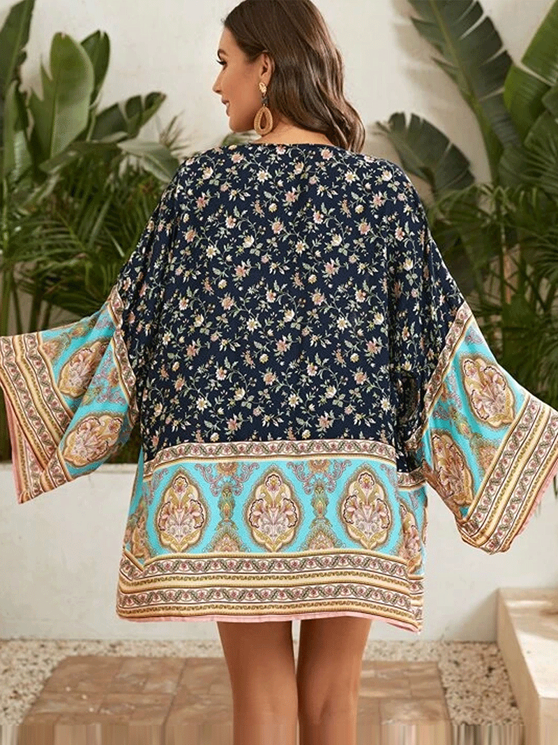 Navy Blue Floral Paisley Border Bell Sleeve Tie Waist Short Kimono 2