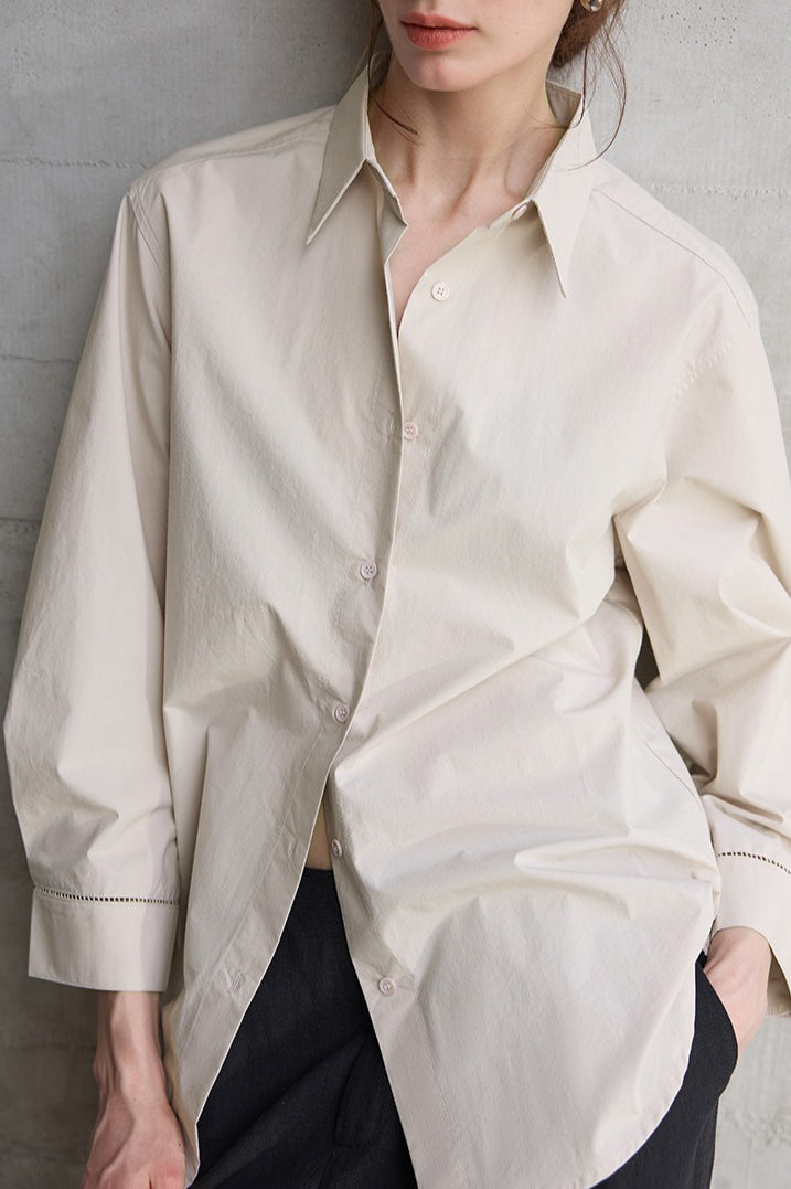 White High-Density Cotton Long-Sleeve Collared Blouse