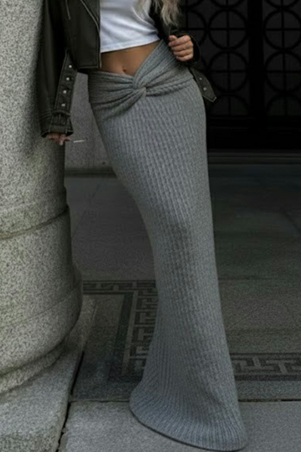 Solid Knit Turned Up Hem Bodycon Skirt