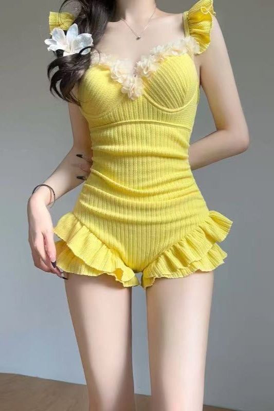 Cute Textured Tube Top Spliced Ruffled One Piece Swimwear