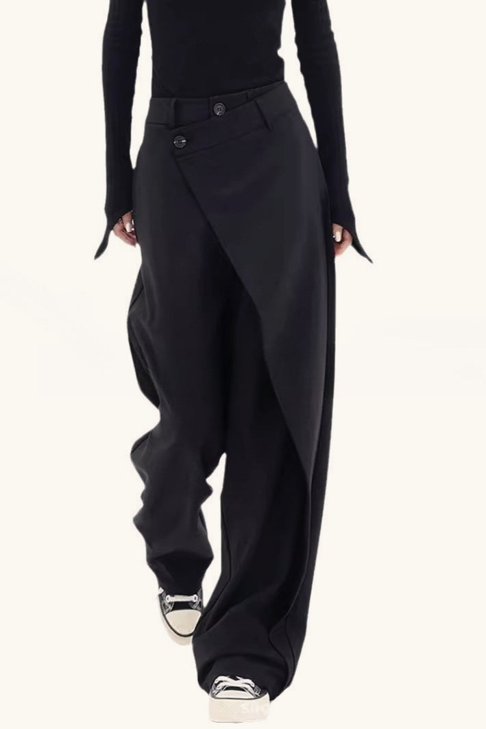 Asymmetric Layered Button Loose Wide Leg Pants1
