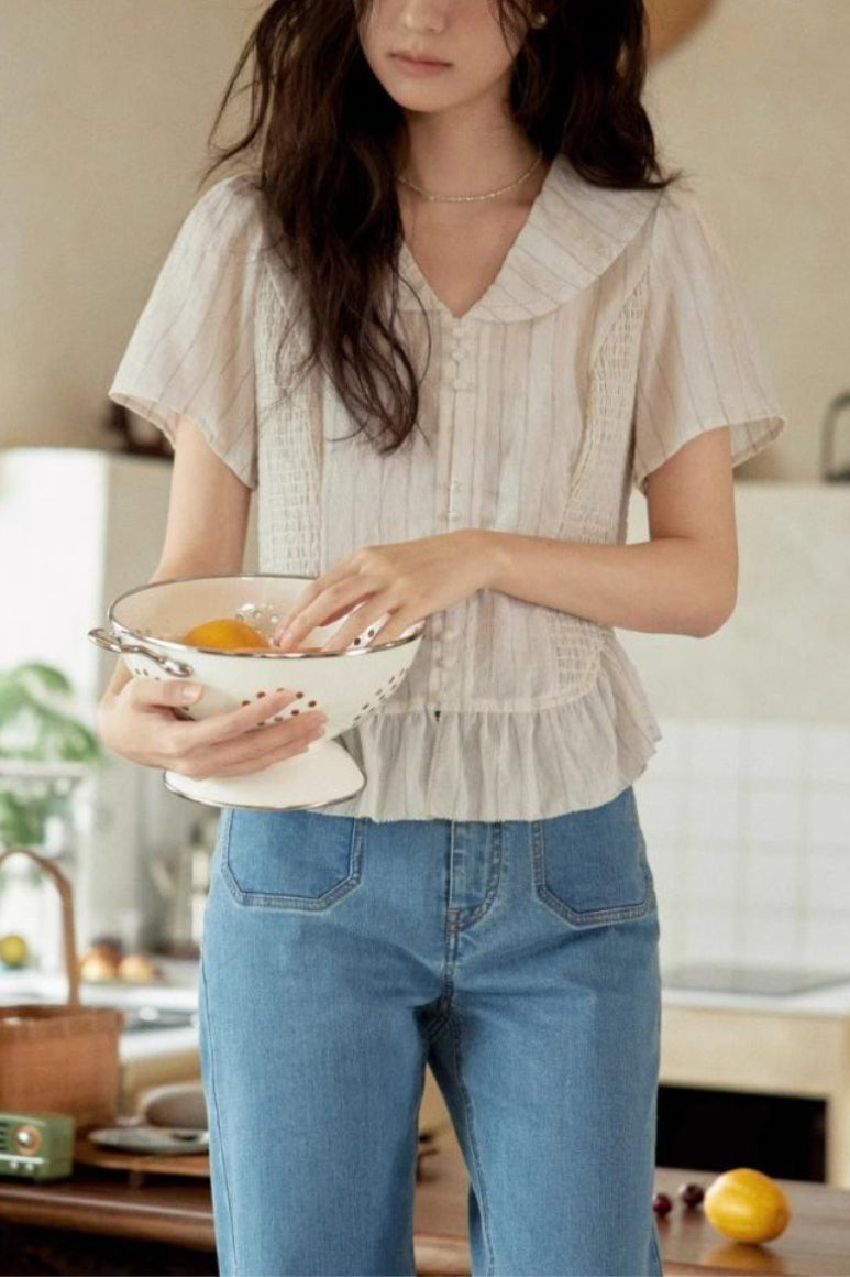 Linen Stripe V Neck Tie Waist Blouse