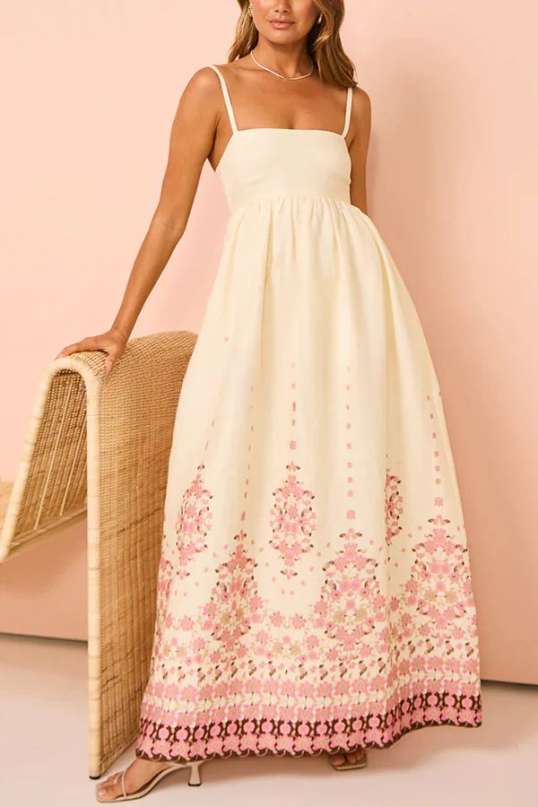 Wendy Elevated Paradise Flowers Linen Blend Unique Print Loose Maxi Dress with Straps and Pockets Statement Occasion Edit