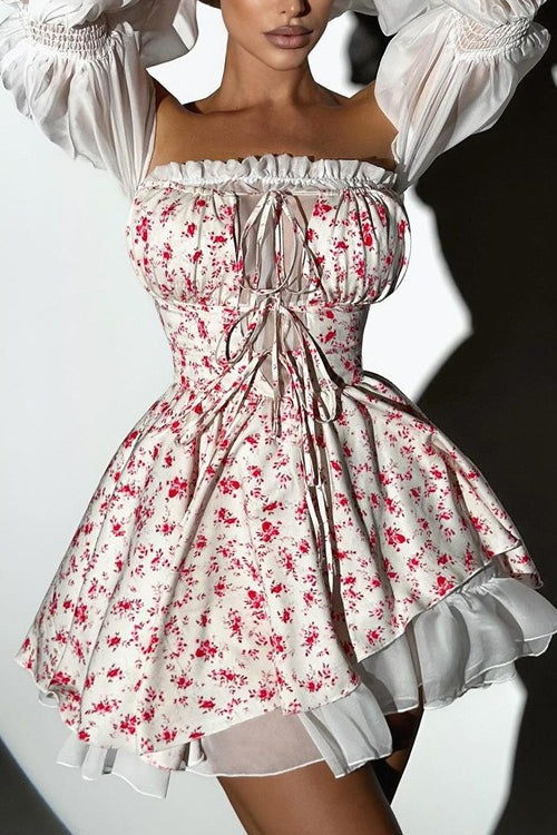 Chiffon Patchwork Strapless A Line Floral Dress