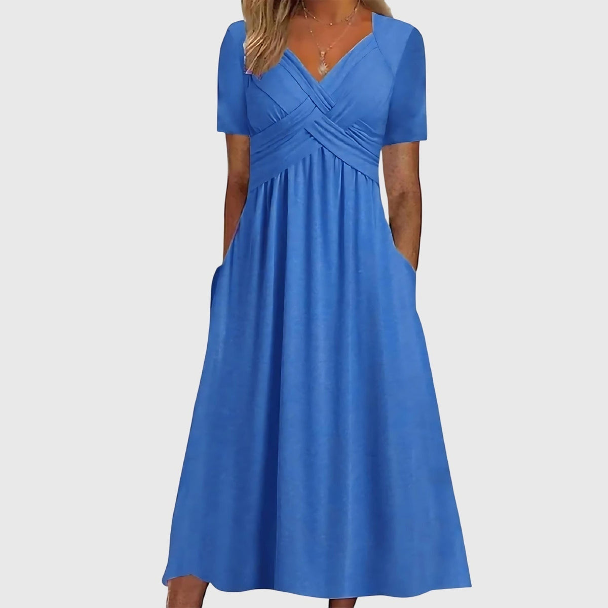 V-Neck Cross Front Short Sleeve Empire Waist Pocket Flowy Midi Dress