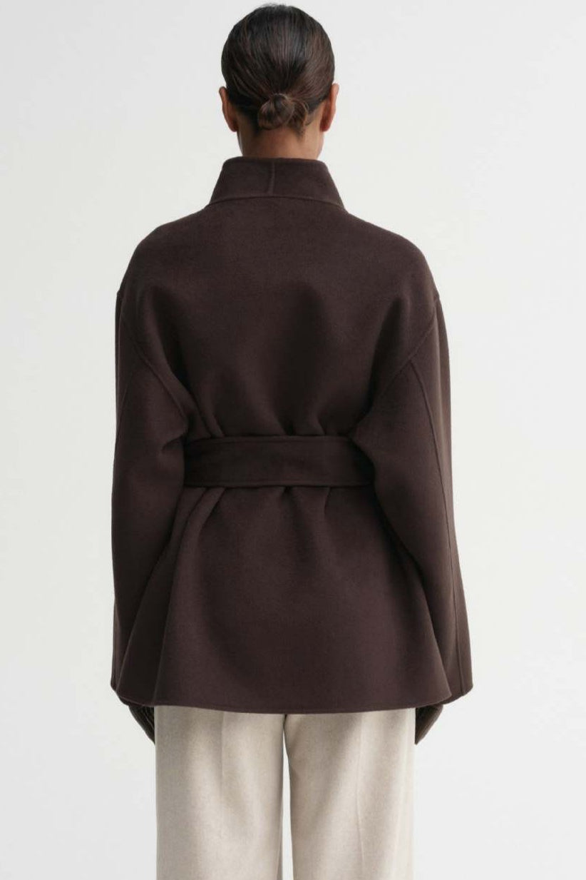 Dark Brown Short Loose Tie Waist Elegant Wool Coat