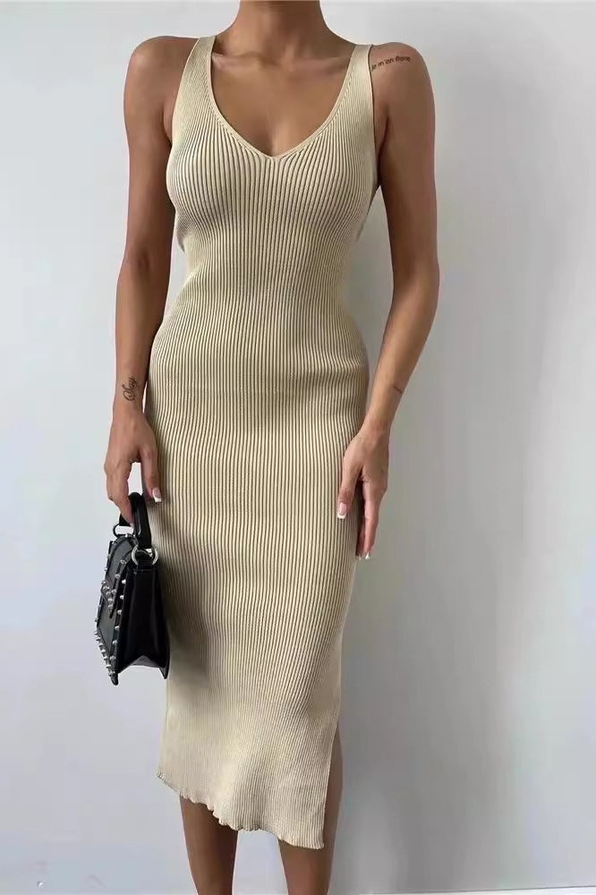 Sleeveless VNeck Knit Bodycon Midi Split Sweater Dress