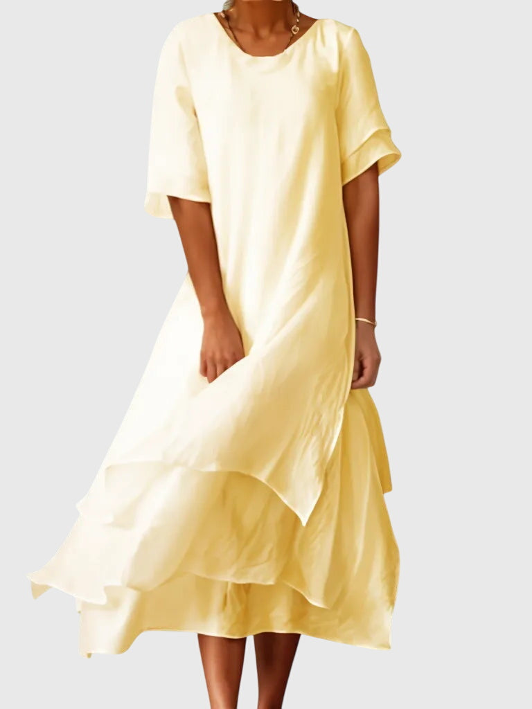 Round Neck Layered Chiffon Tiered Hem Short Sleeve Maxi Dress