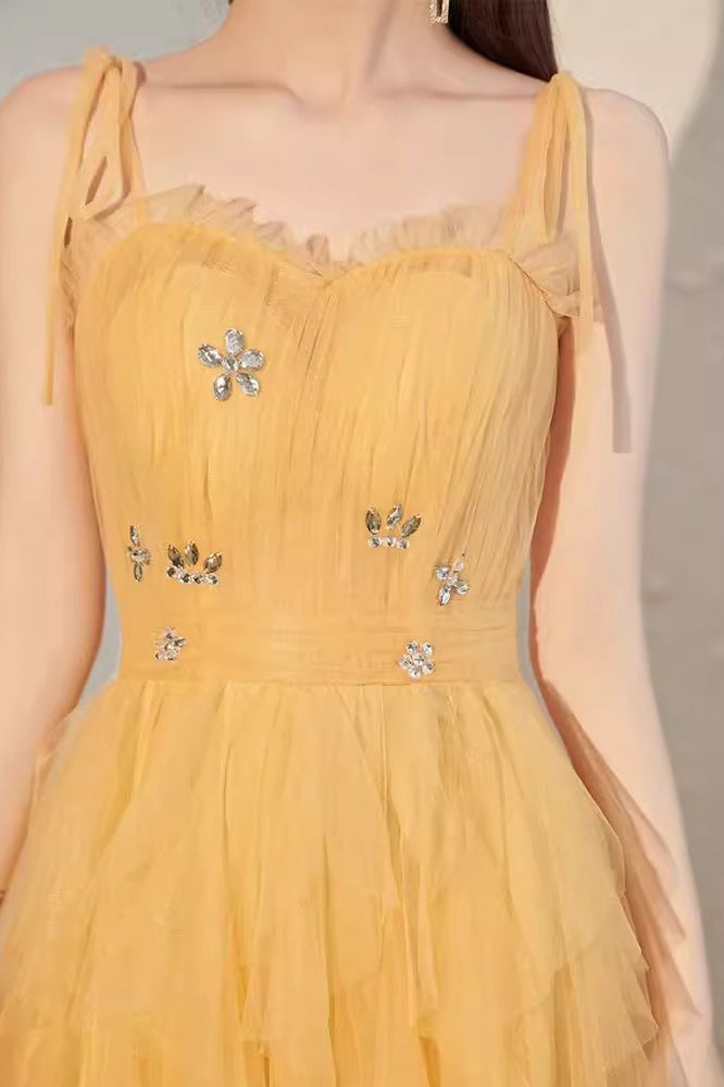 Yellow Spaghetti Strap Ruched Bodycon Mini Dress 8