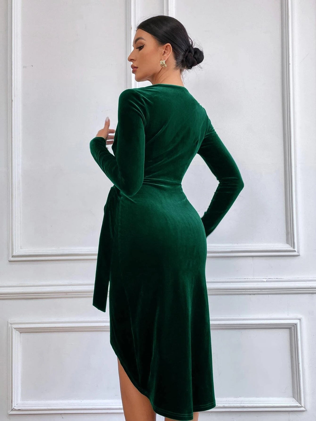 V-Neck Long Sleeve Velvet Tie Waist High Slit Wrap Midi Dress