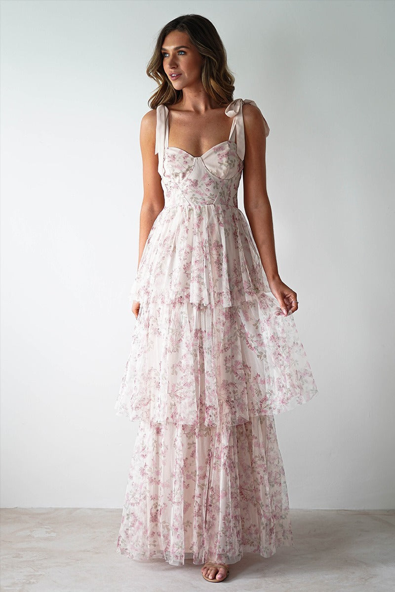 Pink Sweetheart Corset Bow Shoulder Strap Tiered Ruffle Maxi Dress
