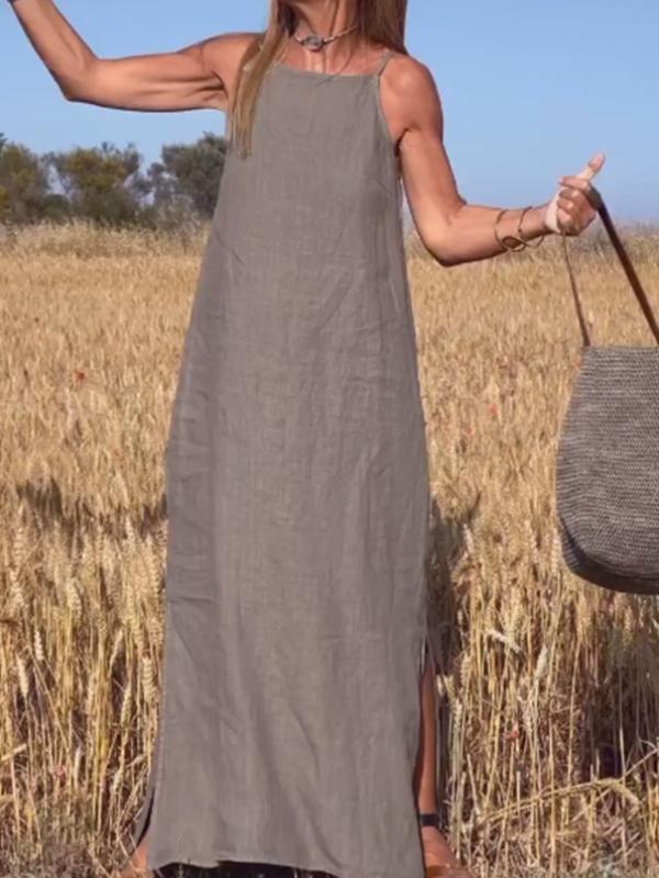 Spaghetti Strap Square Neck Linen Loose Maxi Dress