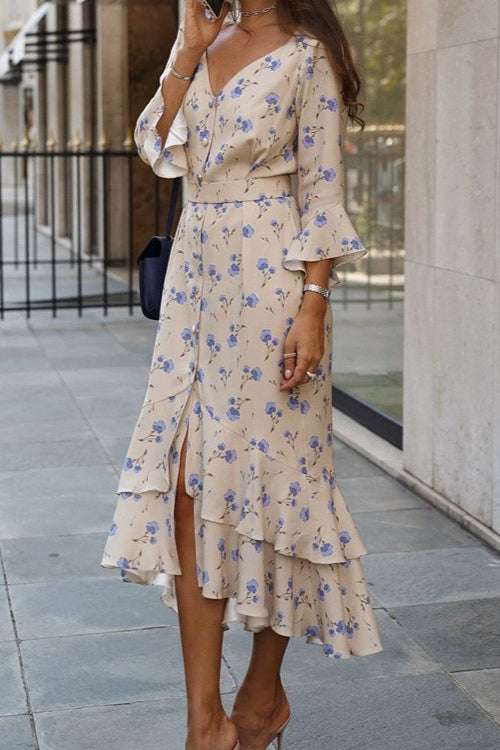 Asymmetric V Neck Flare Sleeve Floral Dress
