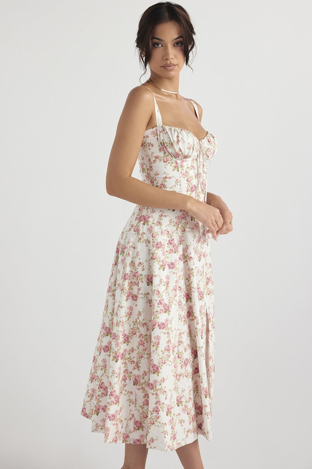 Wide Strap Sweetheart Ruched Bust Toile Floral Print A-Line Midi Dress 6