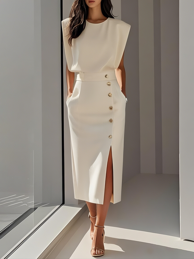 Round Neck Sleeveless Button Slit Sheath Midi Dress