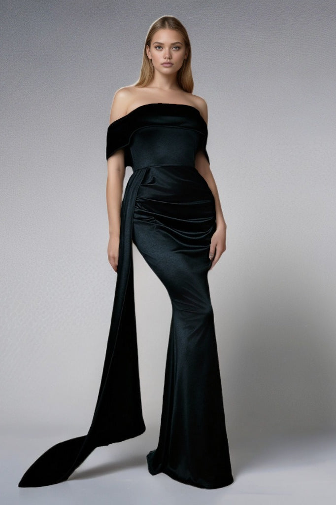 Solid Satin OffShoulder HighWaist Mermaid Silk Dress