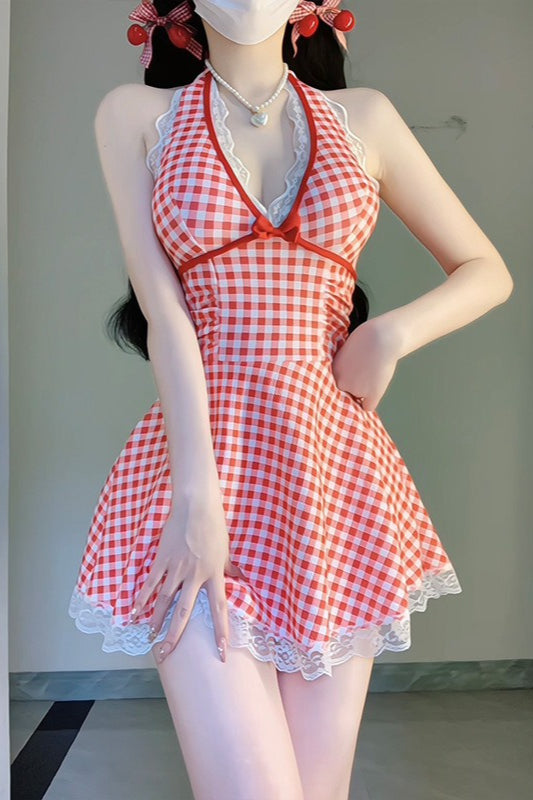 Chic Retro Plaid Open Back One Piece Swimsuit