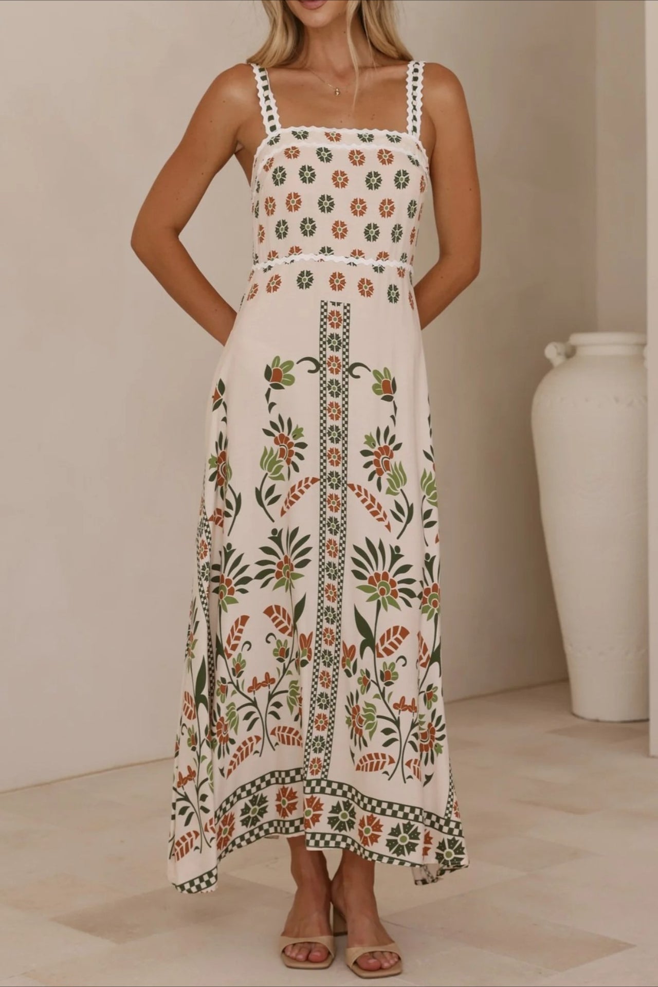 Square Neck Lace Trim Empire Waist Geometric Floral Border Maxi Dress 10
