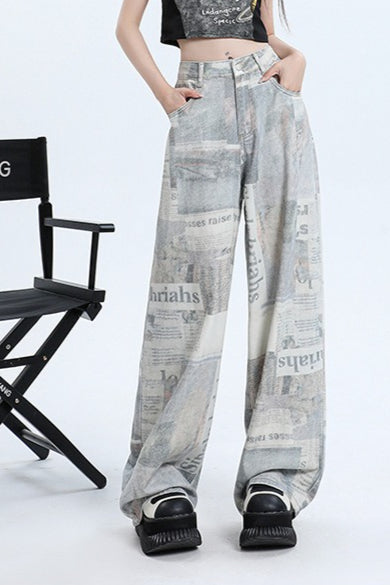 Newspaper Print Wide Leg Jeans