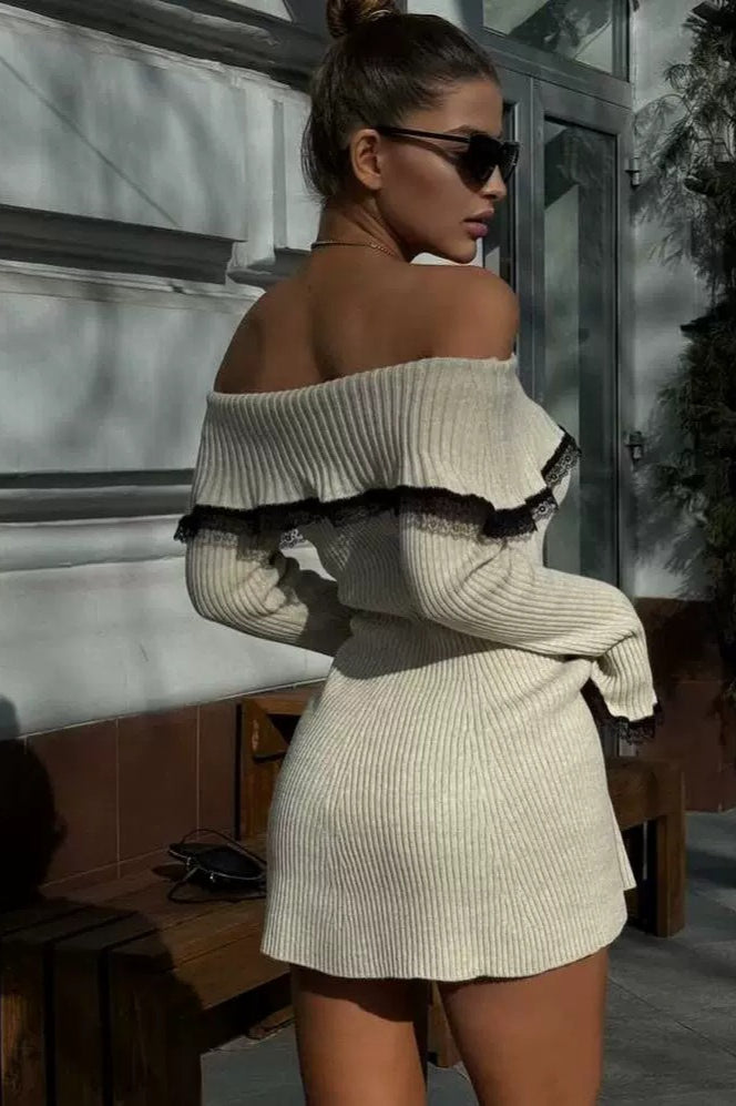 LaceTrimmed Knit OffShoulder Mini Sweater Dress