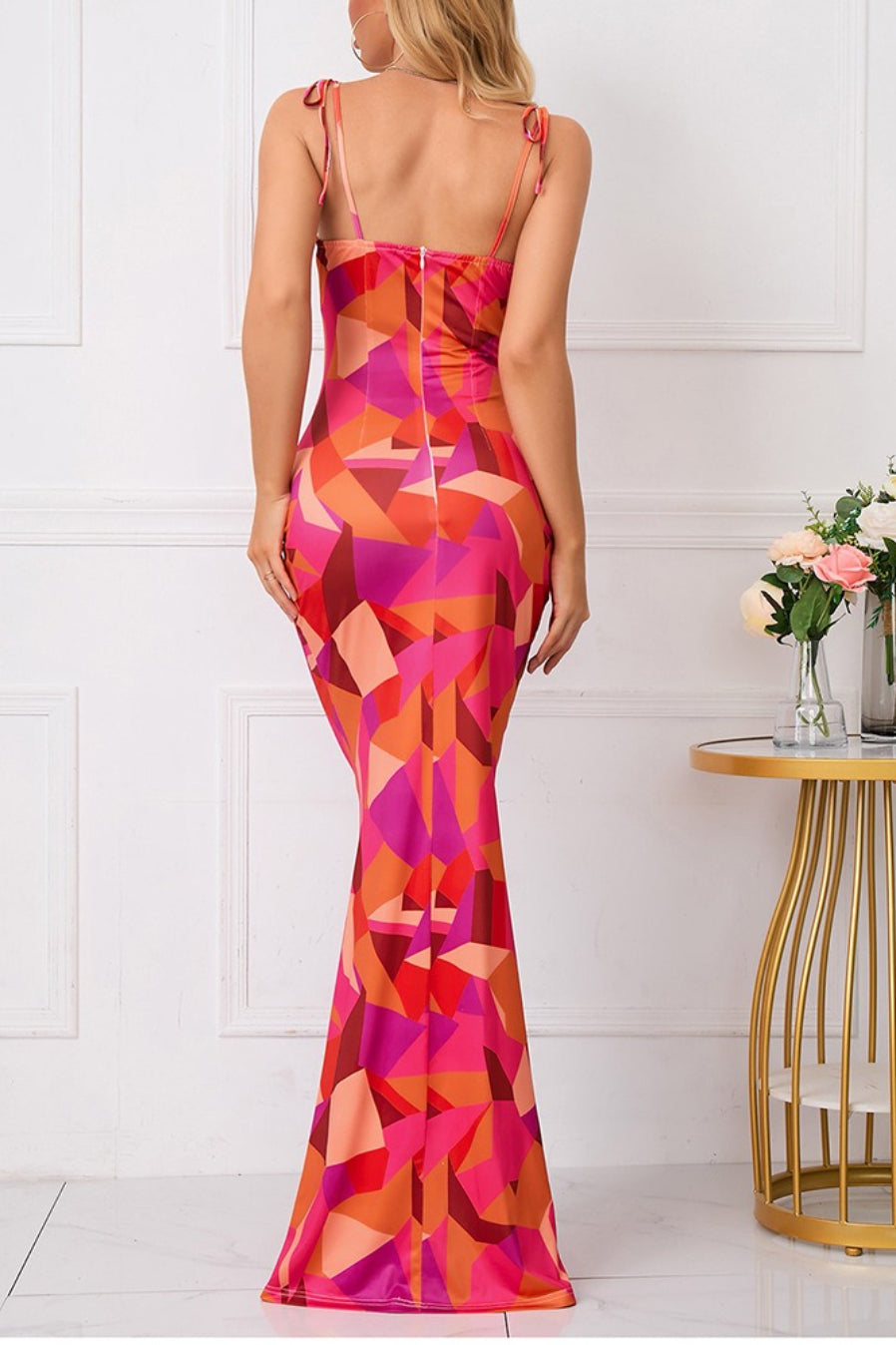 Floral Ruched Backless Tie Cami Mermaid Maxi Bodycon Dress