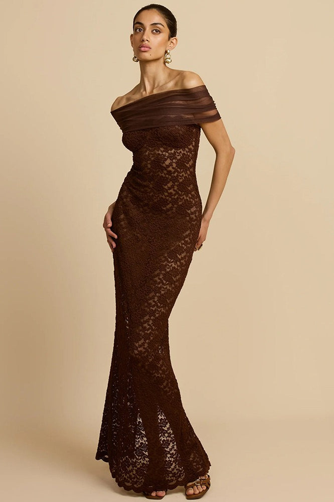 Lace See-Through Off-Shoulder Fishtail Party Dress