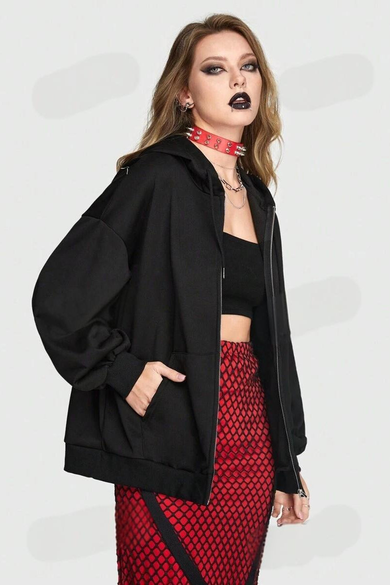 Spider Web Letter Print Punk Zip Hoodie