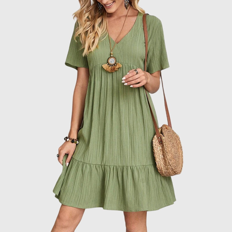 V-Neck Short Sleeve Textured Ruffle Hem Babydoll Mini Dress