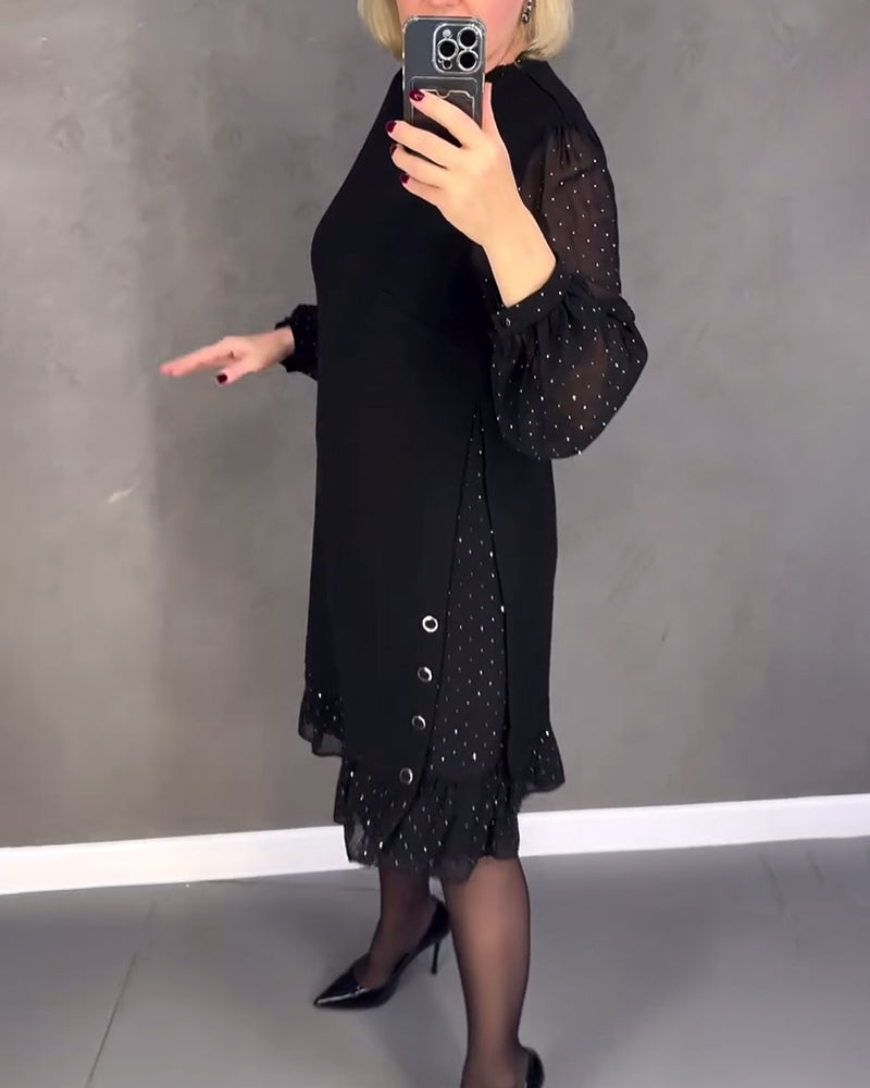 Round Neck Dot Mesh Sleeve Ruffle Hem Shift Midi Dress 4