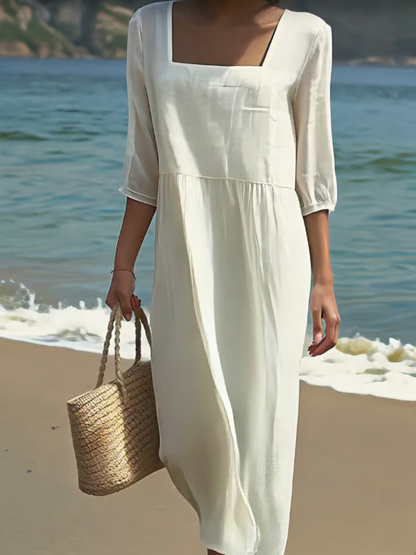 Square Neck Half Sleeve Linen Empire Waist Maxi Dress