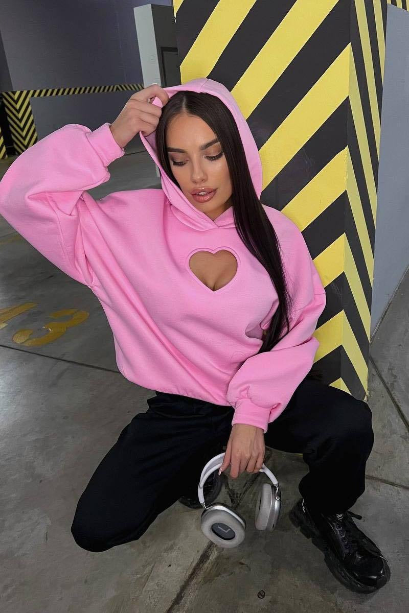 Solid Long Sleeve Heart Cutout Hoodie