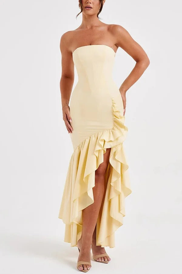 Lindsay Exclusive Off Shoulder Maxi Dress with a Slim Fit and Irregular Hem Elevated Occasion Wear