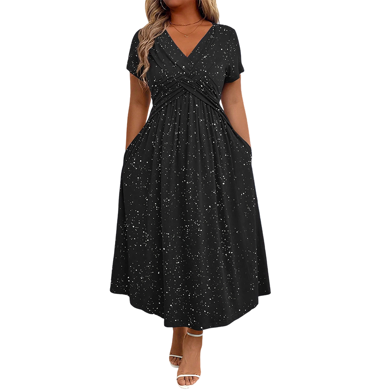 Surplice V-Neck Twist Front Short Sleeve Glitter A-Line Maxi Dress