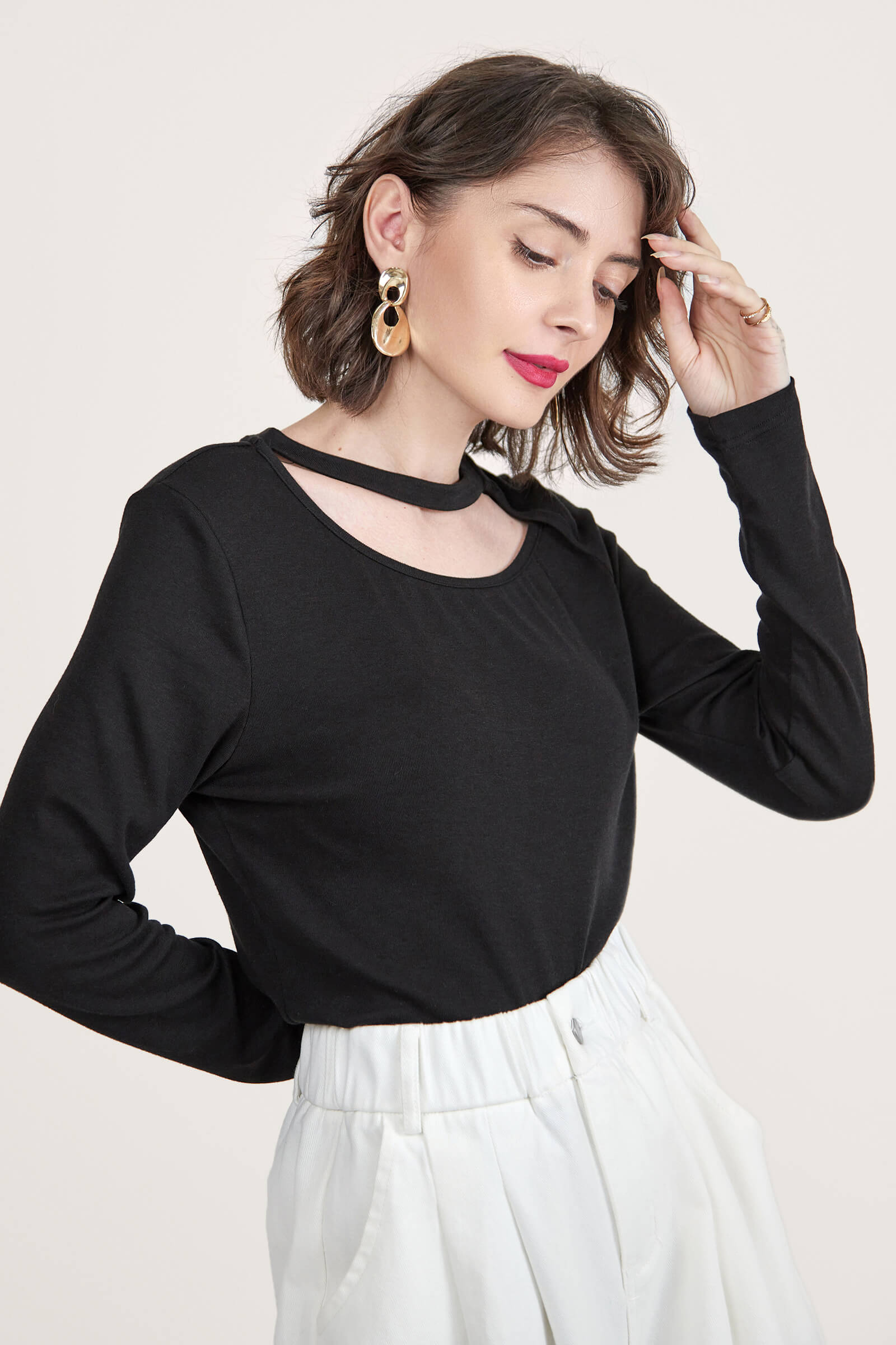 Black Long Sleeve Asymmetric Cut Out Top