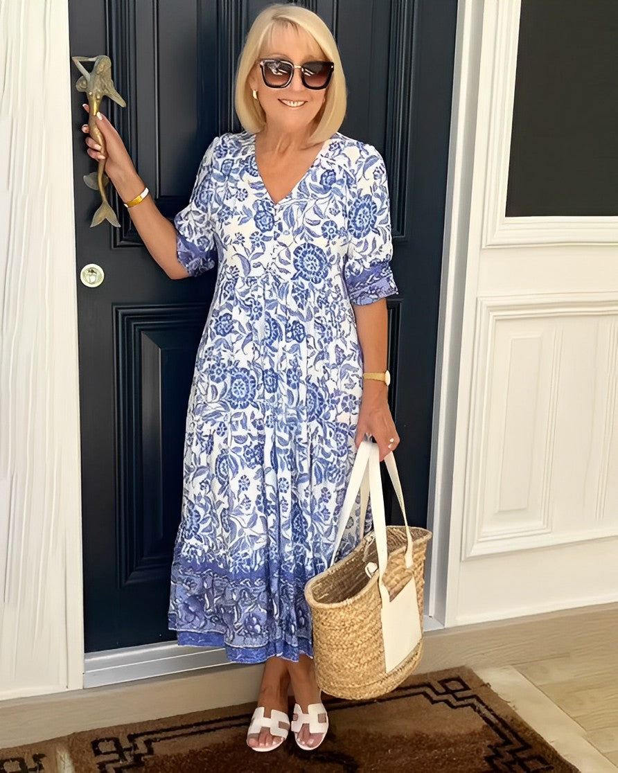 V-Neck Floral Print Puff Sleeve Tiered Flowy Maxi Dress