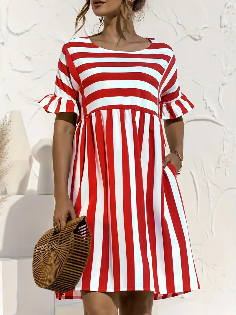 Navy Striped Summer Dress With Short Sleeves S / Red Navy Blue Striped Dress