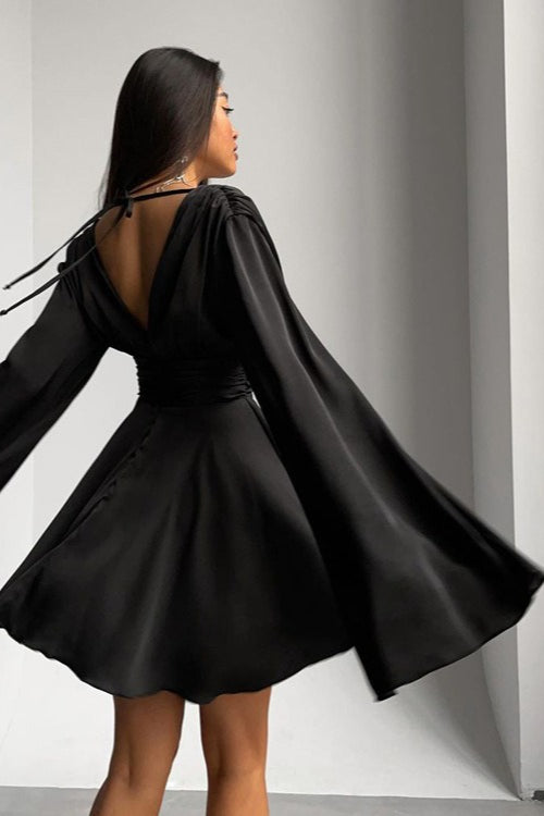 Satin Deep V Backless FlareSleeve Silk Dress