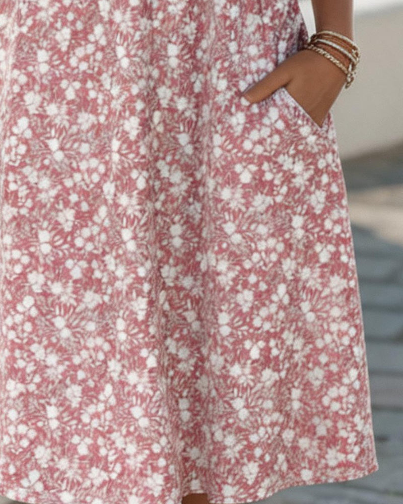 Pink Notch Neck Ditsy Floral Button Front Short Sleeve A-Line Midi Dress 2