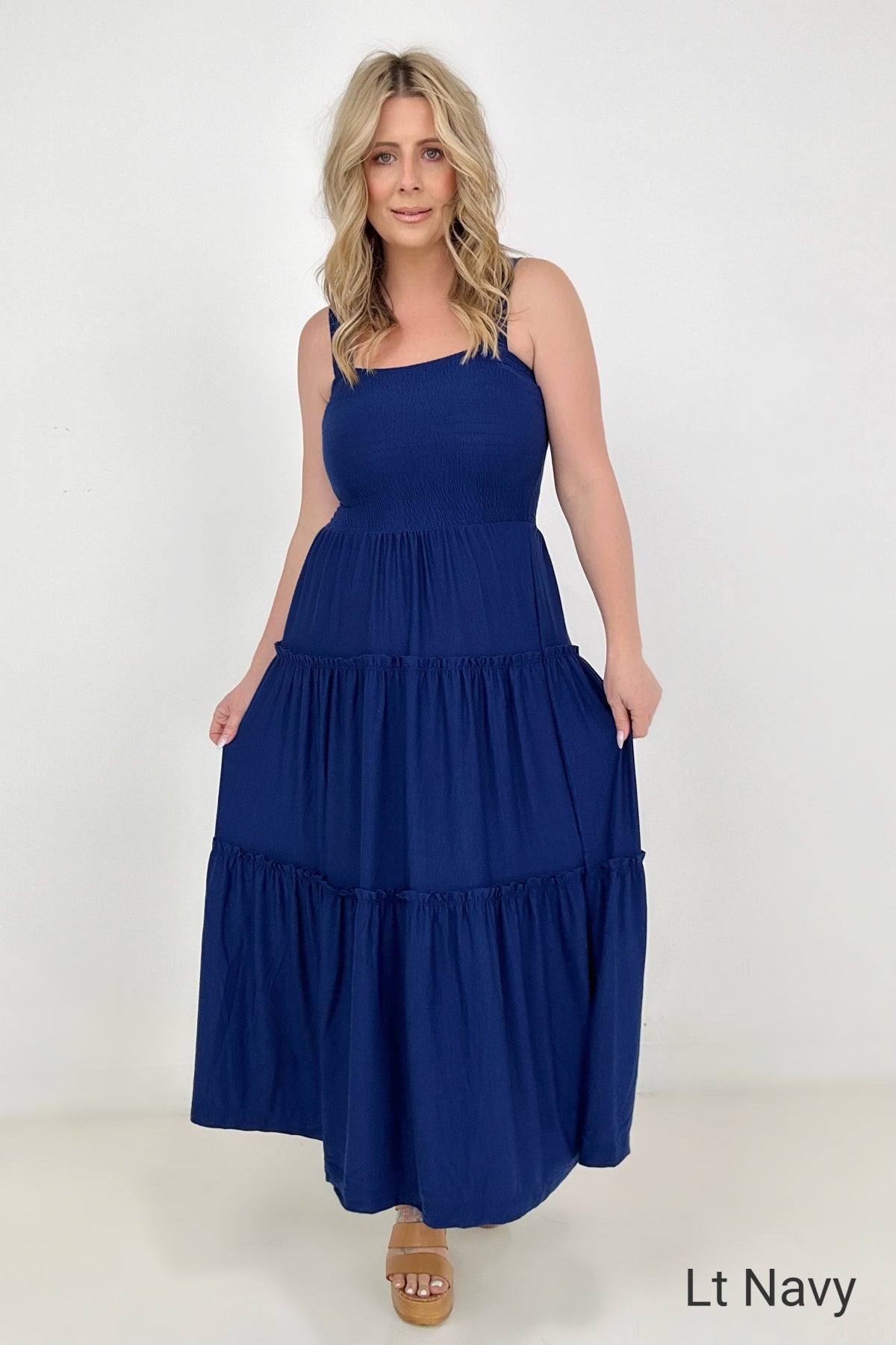 Square Neck Smocked Tiered A-Line Maxi Dress