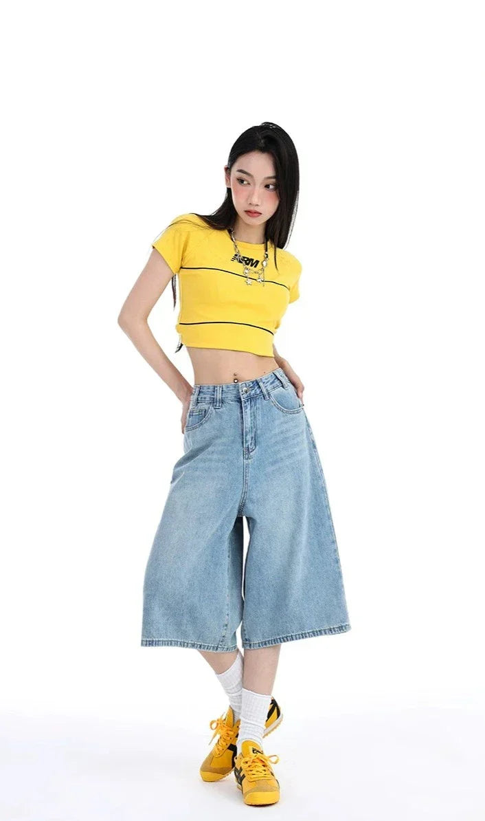 High Waist Denim Culotte Shorts