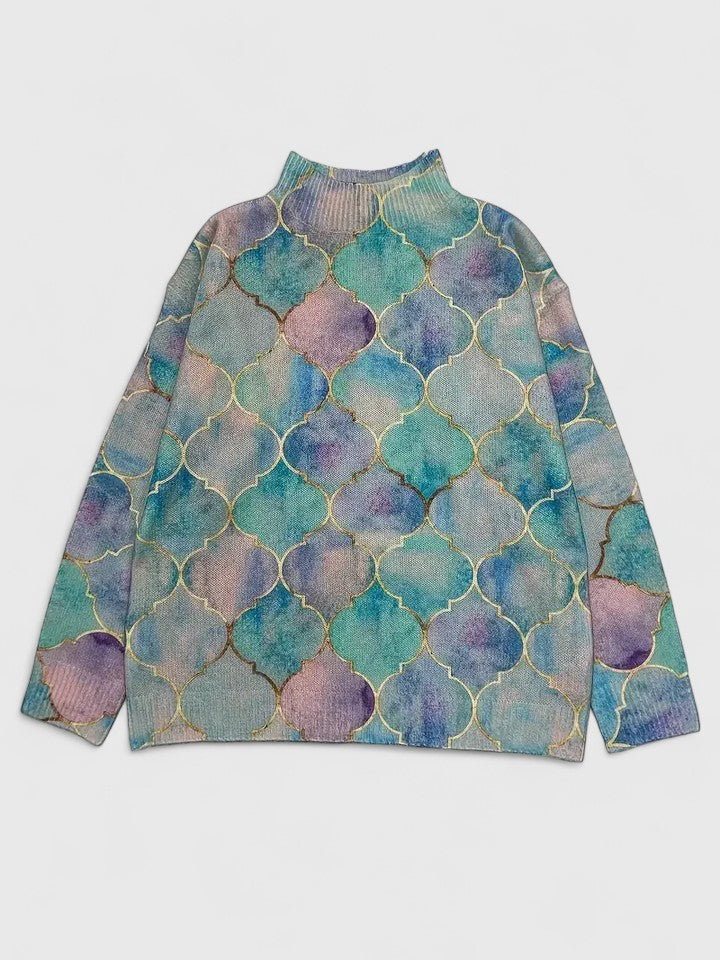 Multi Colored Turtleneck Moroccan Tile Print Long Sleeve Knit Sweater