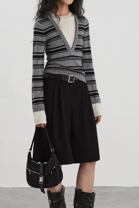 Striped Contrast Panel Deep VNeck Knit Top