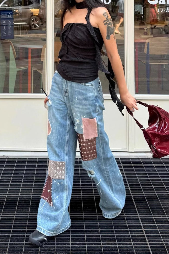 Vintage Washed Paint Splatter Patchwork Ripped Jeans