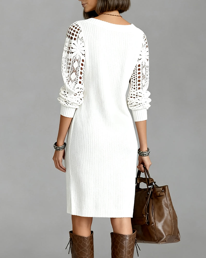 White V-Neck Lace Sleeve Ribbed Knit Long Sleeve Sweater Midi Dress