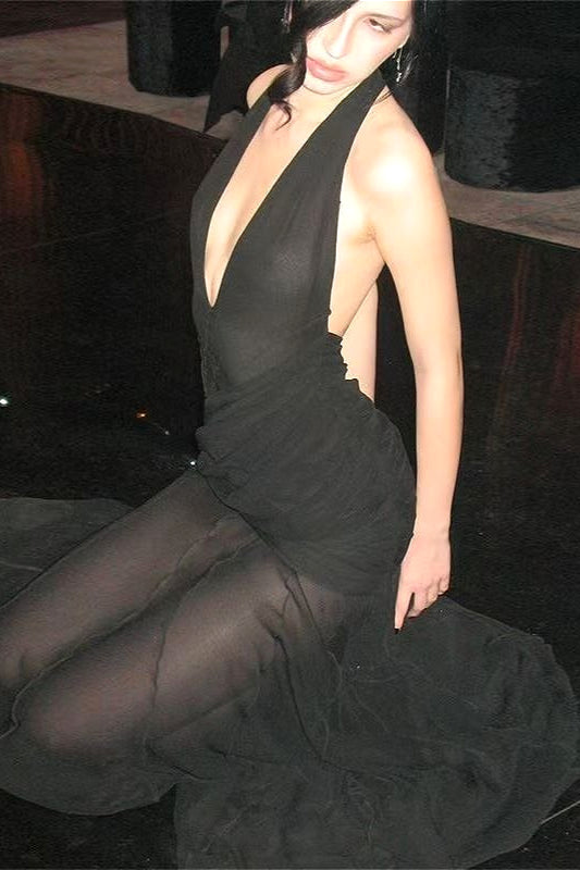 Brand Sexy V-Neck Cutout Tulle Halter Side Tie Party Dress
