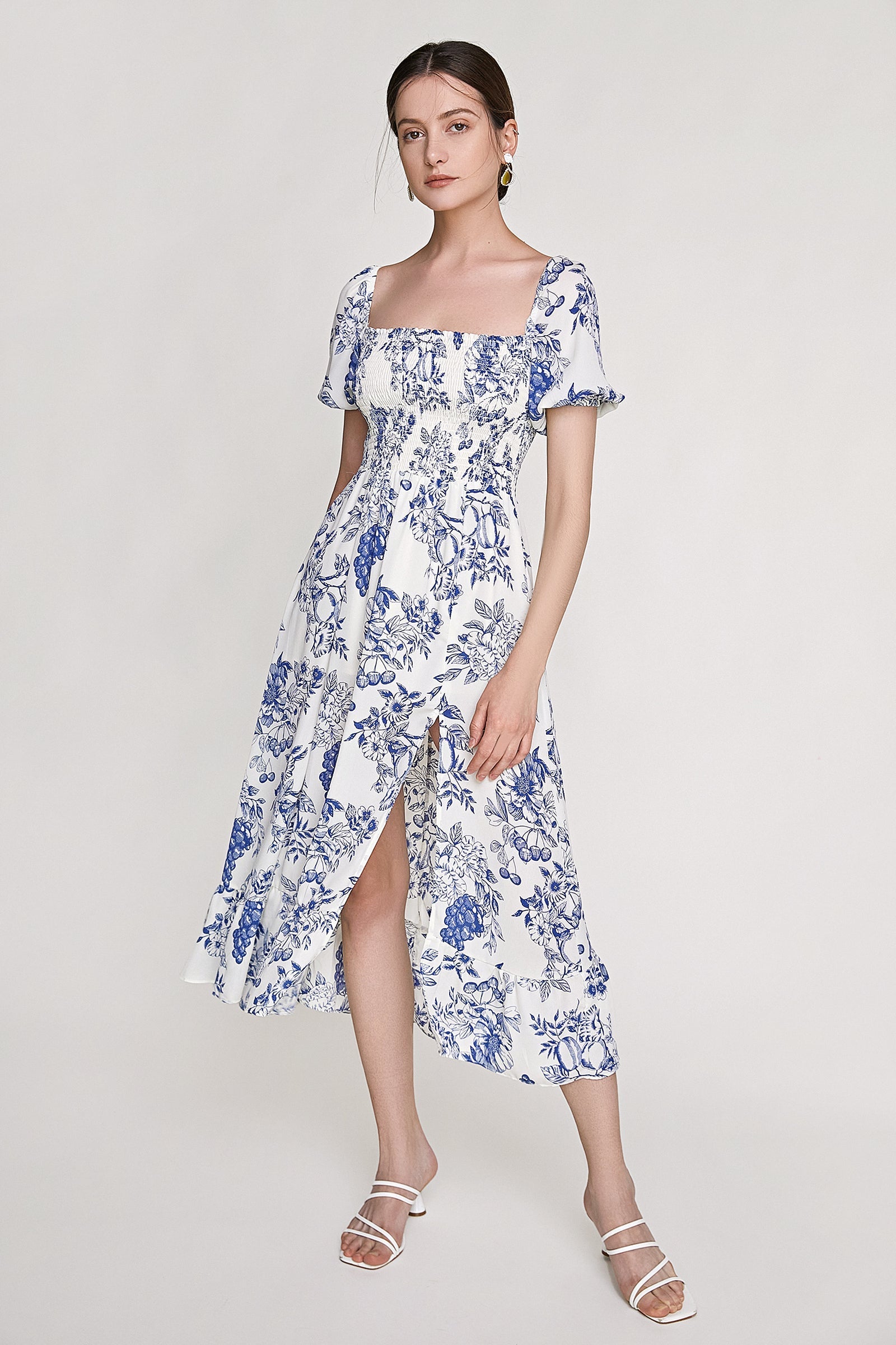 Blue Fruit Print Smocked Puff Sleeve Maxi Dress