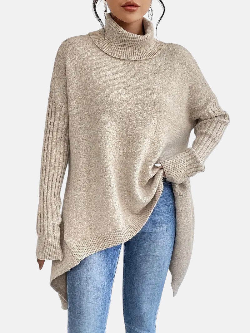 Turtleneck Ribbed Long Sleeve Oversized Longline Knit Sweater