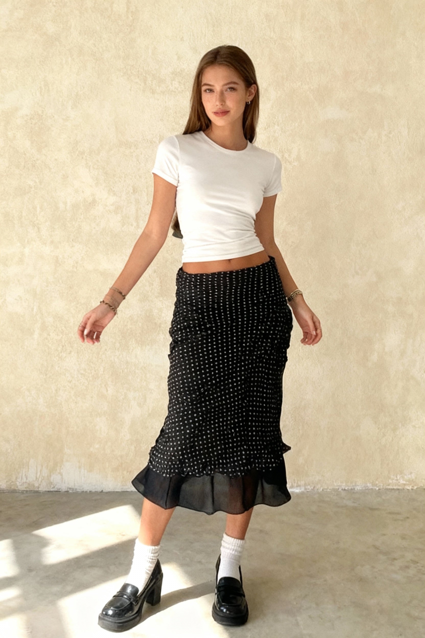 Polka Dot ALine Mesh Midi Skirt