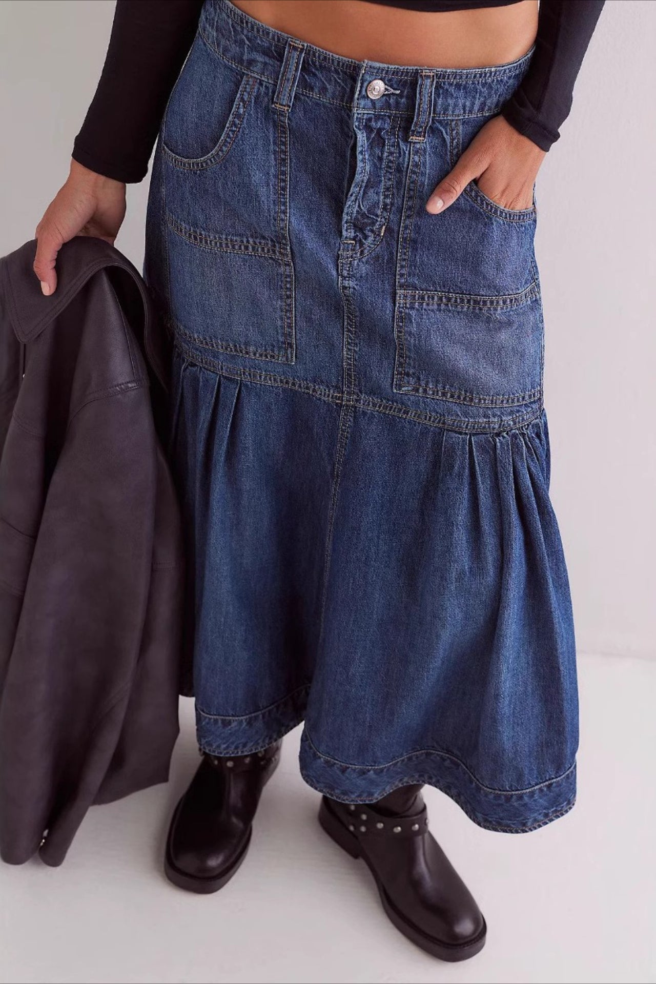 High-Waist Denim A-Line Skirt